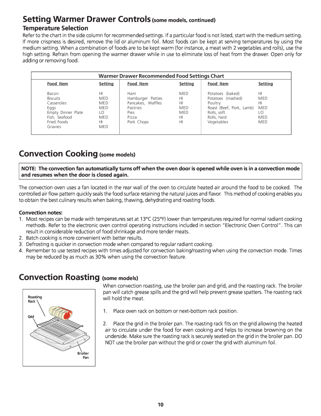Frigidaire 318200869 manual Setting Warmer Drawer Controls some models, continued, Convection Cooking some models 