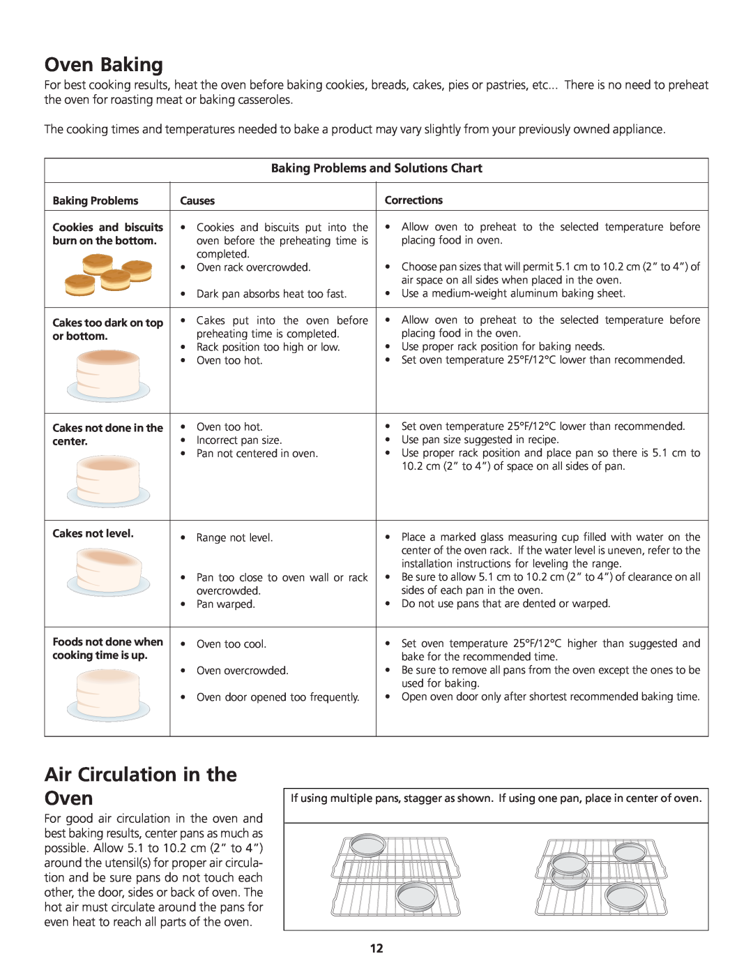 Frigidaire 318200869 manual Oven Baking, Air Circulation in the Oven, Baking Problems and Solutions Chart 