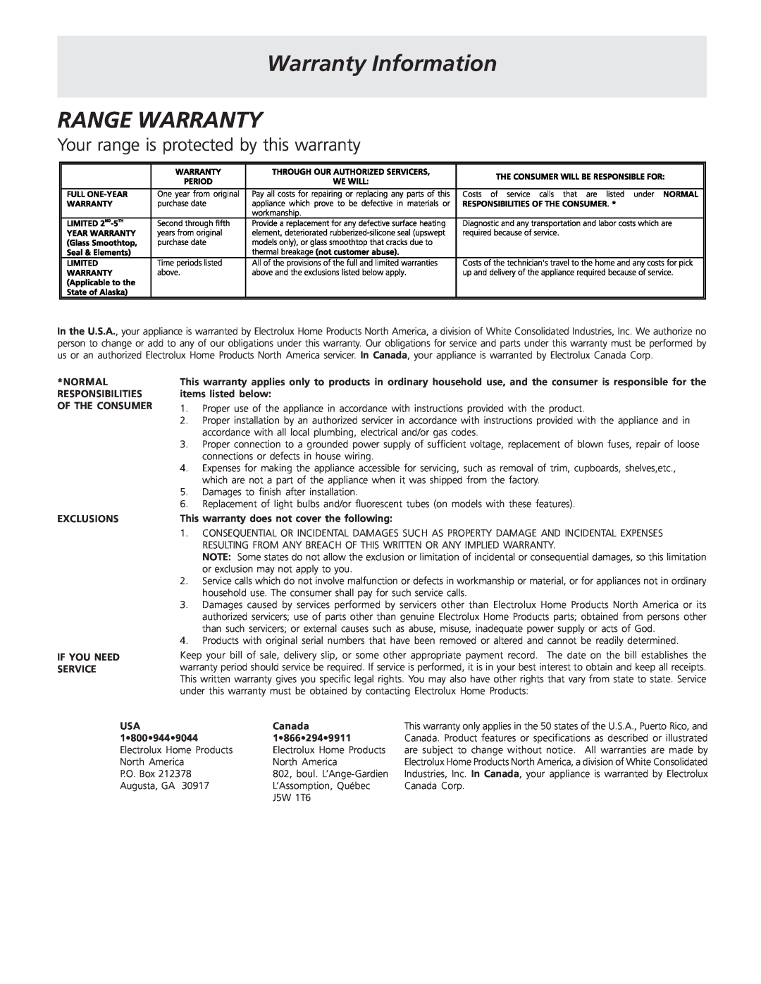 Frigidaire 318200869 manual Warranty Information RANGE WARRANTY, Your range is protected by this warranty, Service, Canada 