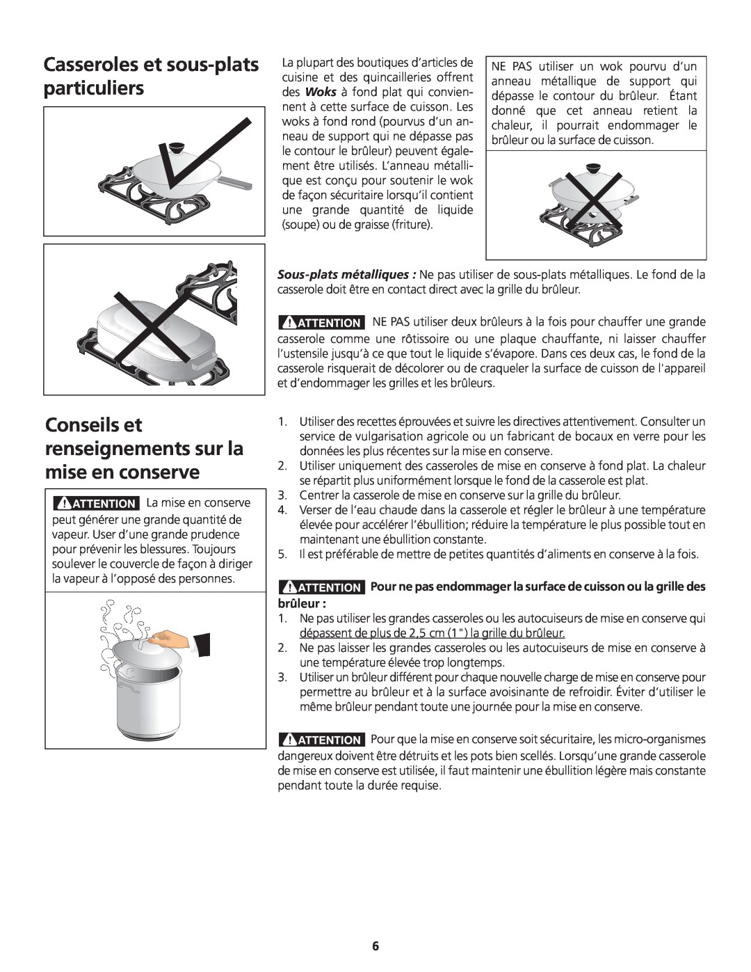 Frigidaire 318200869 manual Casseroles et sous-plats particuliers, Conseils et renseignements sur la mise en conserve 