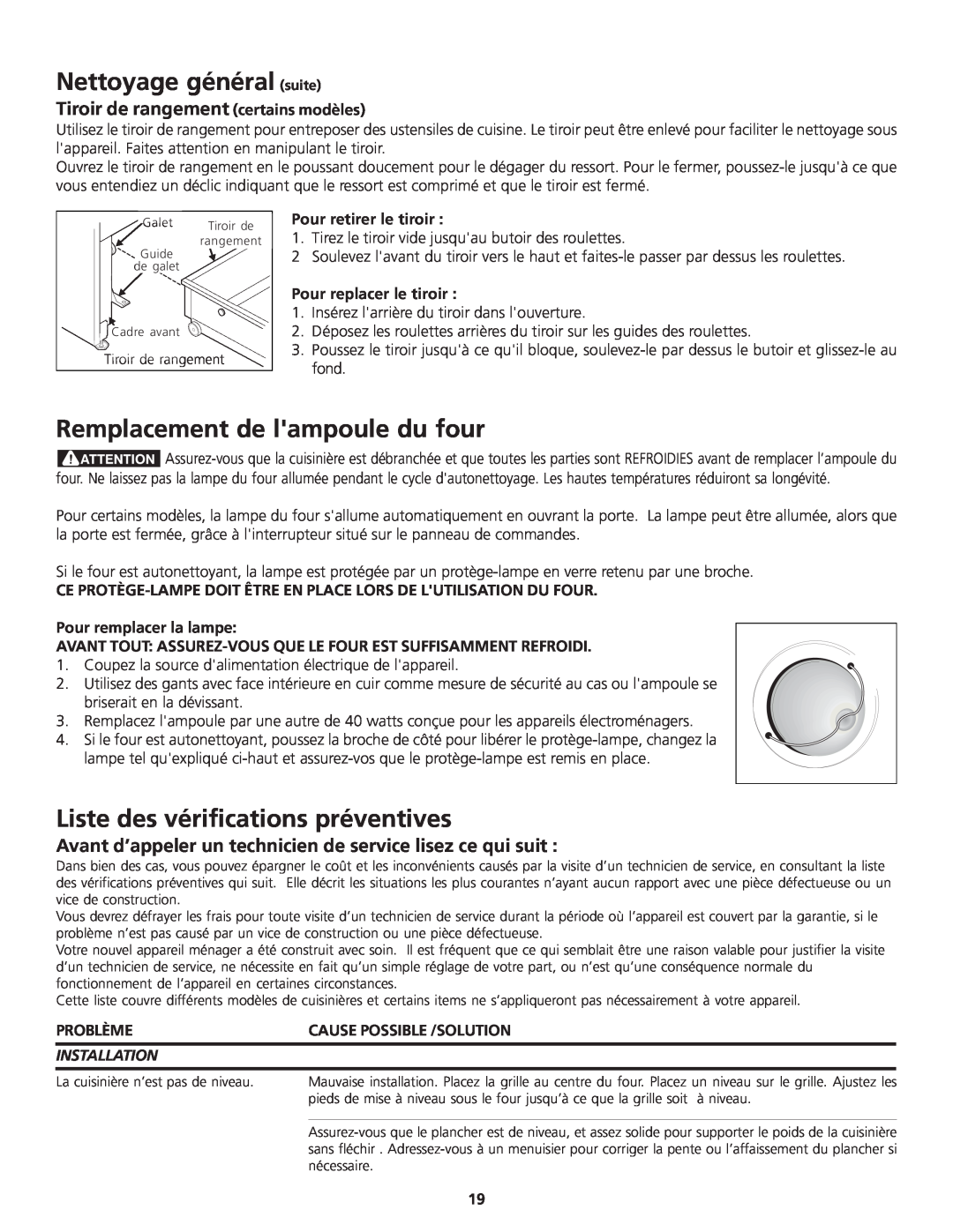 Frigidaire 318200869 manual Remplacement de lampoule du four, Liste des vérifications préventives, Pour retirer le tiroir 