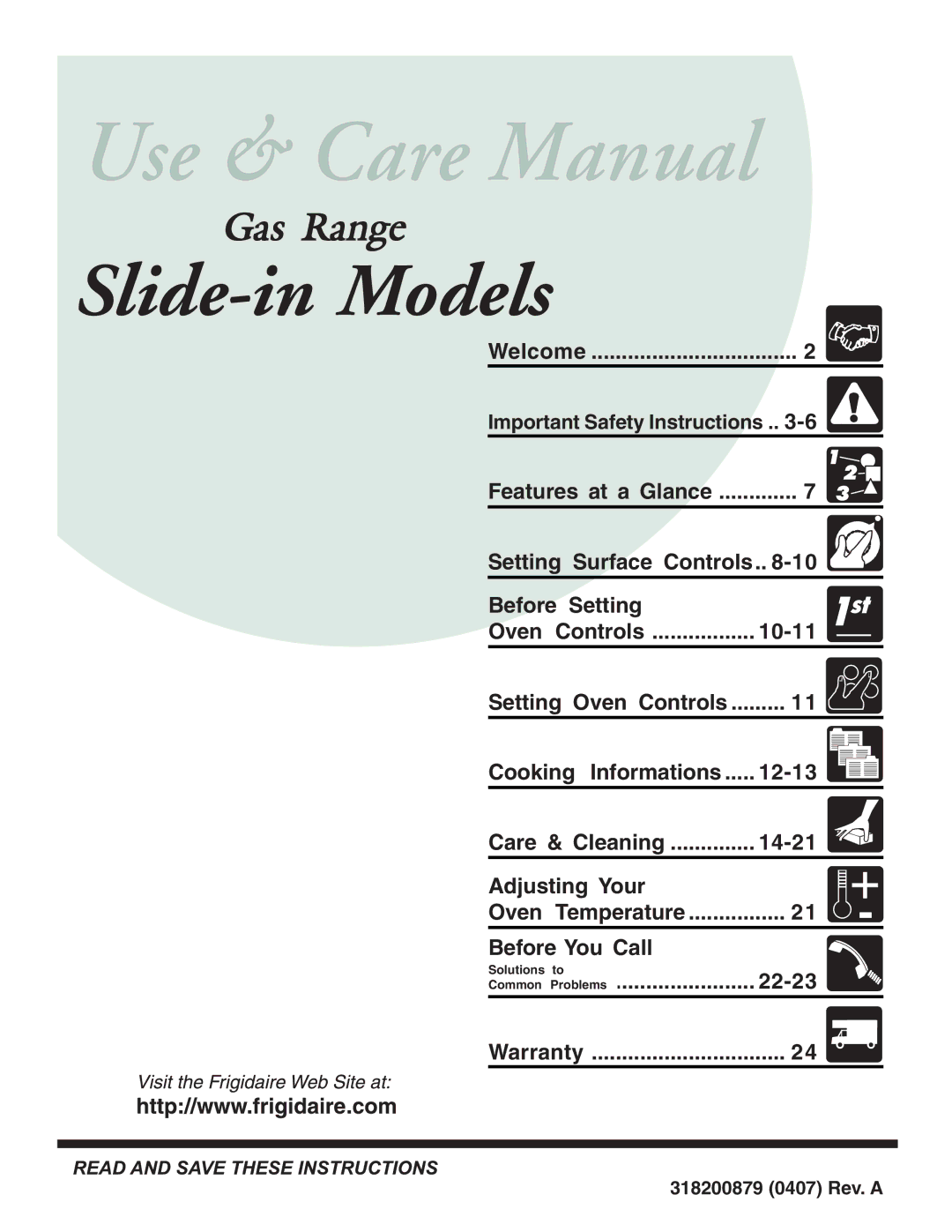 Frigidaire manual Slide-in Models, Warranty 318200879 0407 Rev. a 