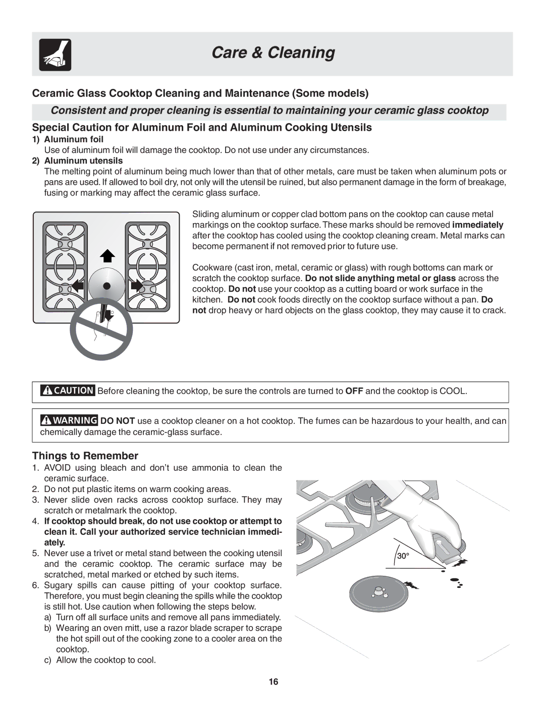 Frigidaire 318200879 manual Ceramic Glass Cooktop Cleaning and Maintenance Some models, Things to Remember, Aluminum foil 