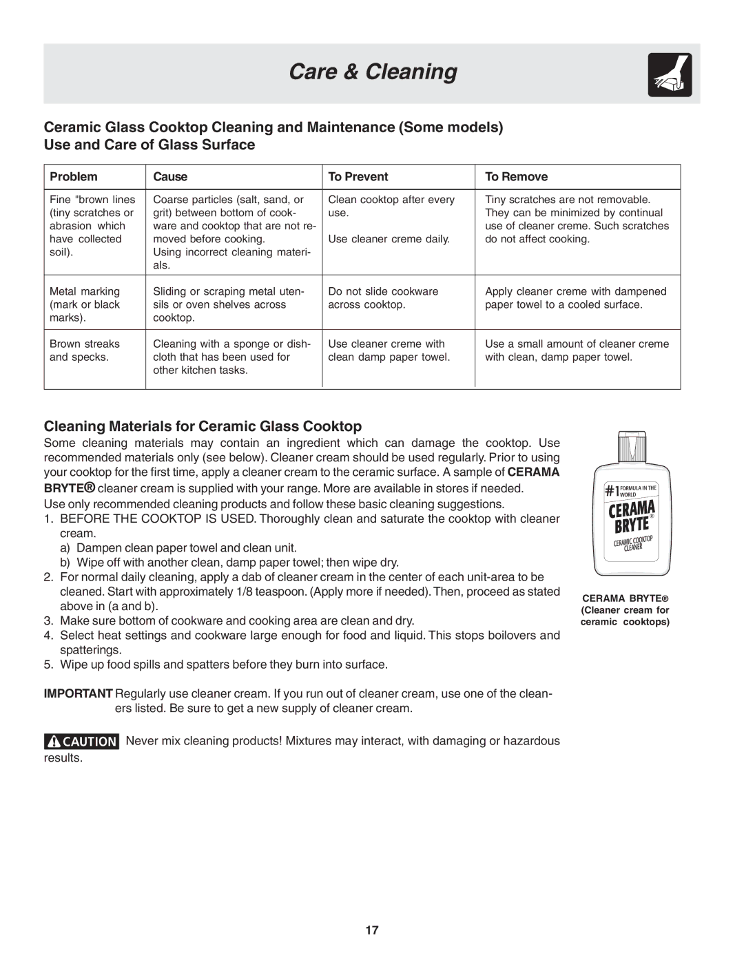 Frigidaire 318200879 manual Cleaning Materials for Ceramic Glass Cooktop, Problem Cause To Prevent To Remove 