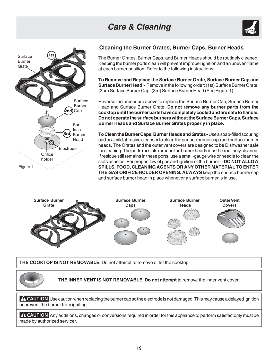 Frigidaire 318200879 manual Cleaning the Burner Grates, Burner Caps, Burner Heads 