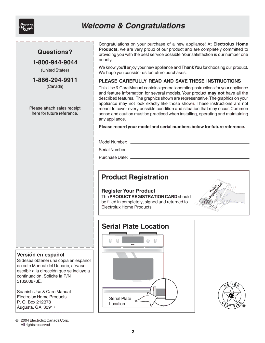 Frigidaire 318200879 manual Welcome & Congratulations, Product Registration, Serial Plate Location, Versión en español 