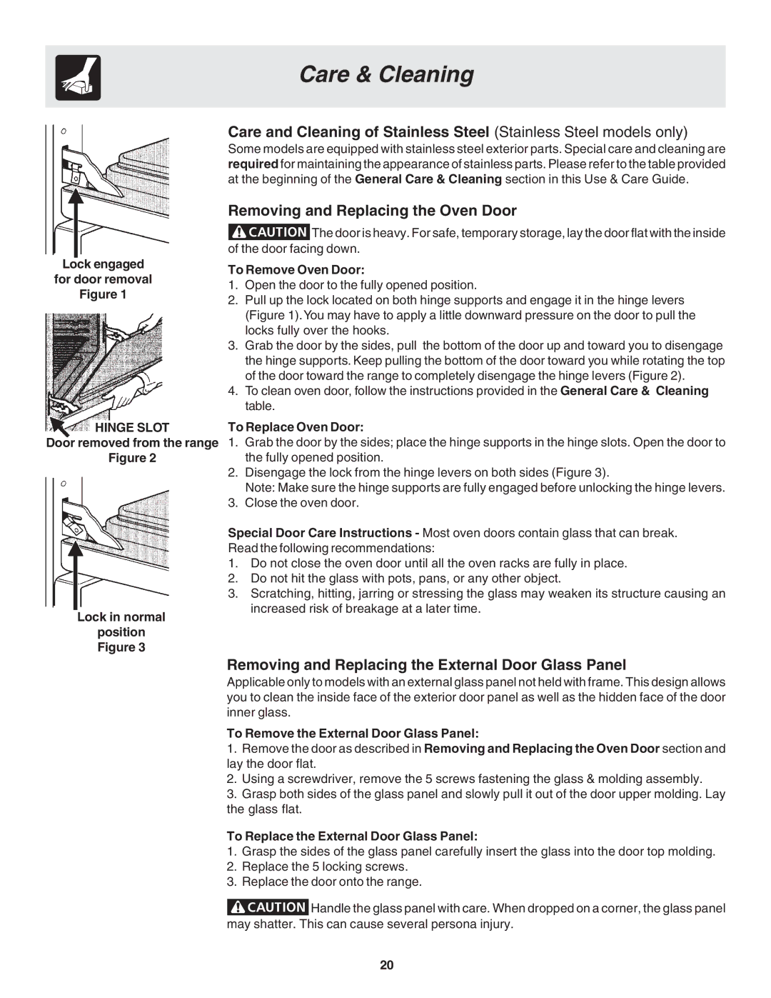 Frigidaire 318200879 manual Removing and Replacing the Oven Door, Removing and Replacing the External Door Glass Panel 