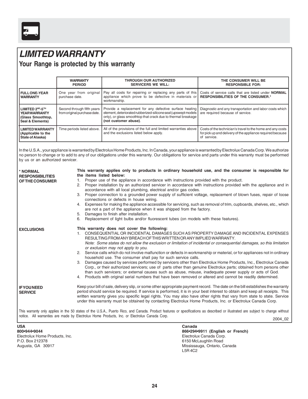 Frigidaire 318200879 manual Limitedwarranty 