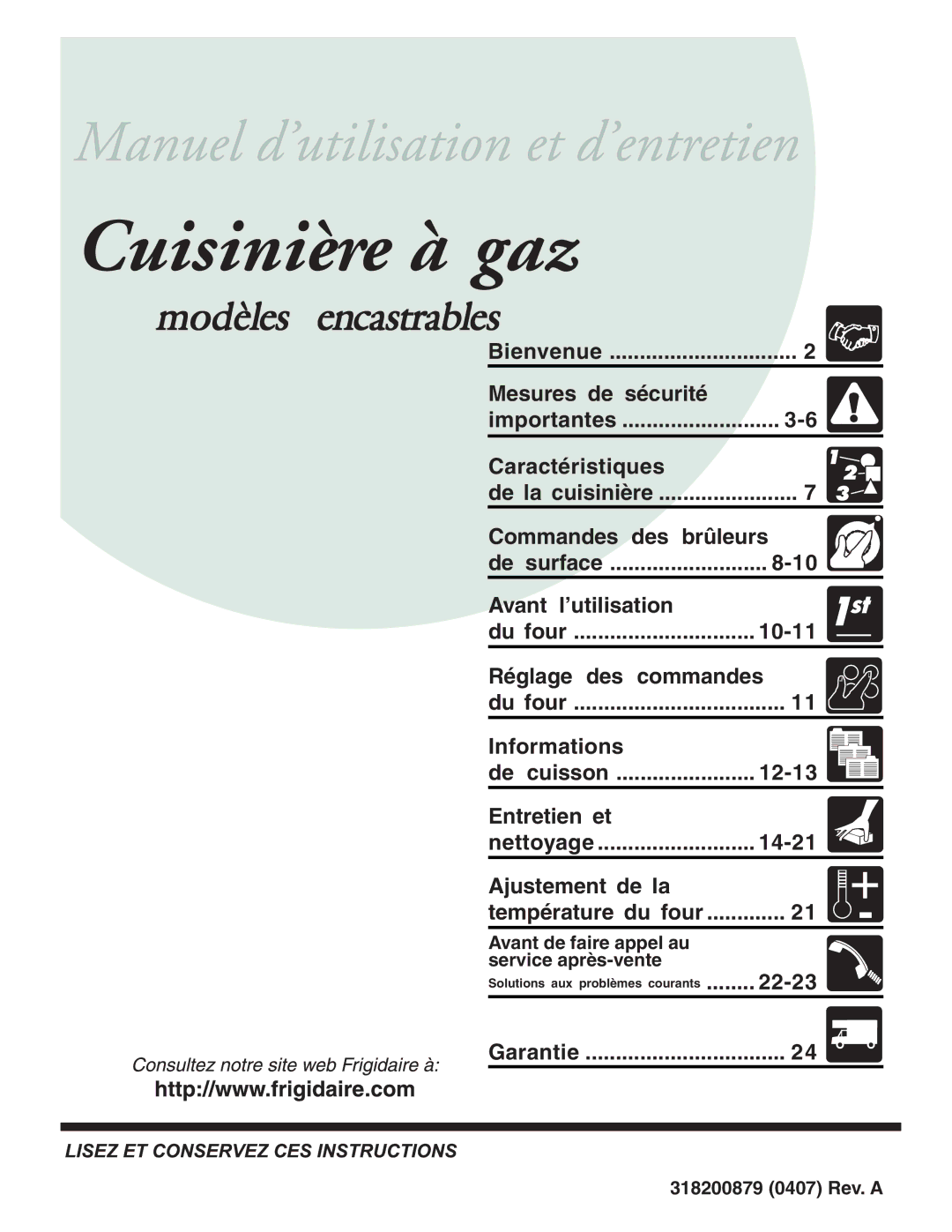 Frigidaire 318200879 manual Bienvenue, De la cuisinière, Du four, Avant de faire appel au Service après-vente 