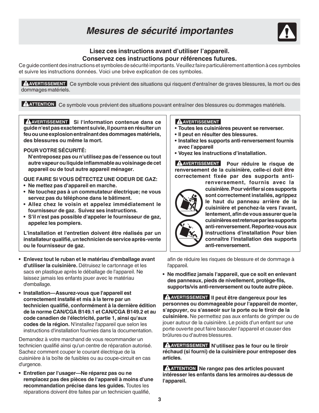 Frigidaire 318200879 Mesures de sécurité importantes, Pour Votre Sécurité, QUE Faire SI Vous Détectez UNE Odeur DE GAZ 