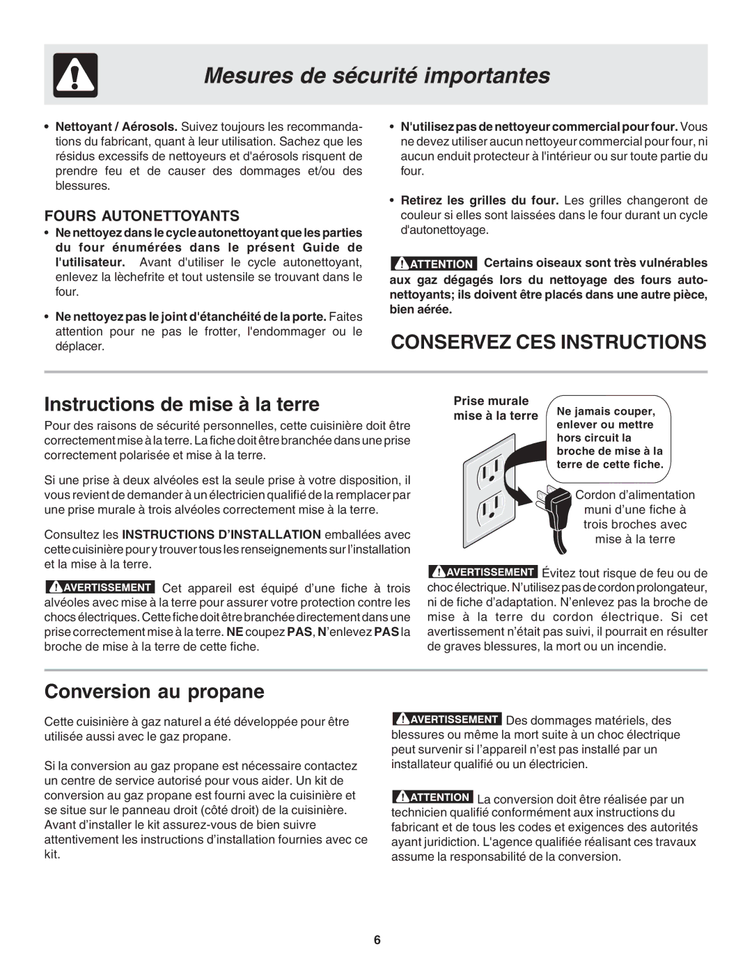 Frigidaire 318200879 manual Instructions de mise à la terre, Conversion au propane, Fours Autonettoyants 