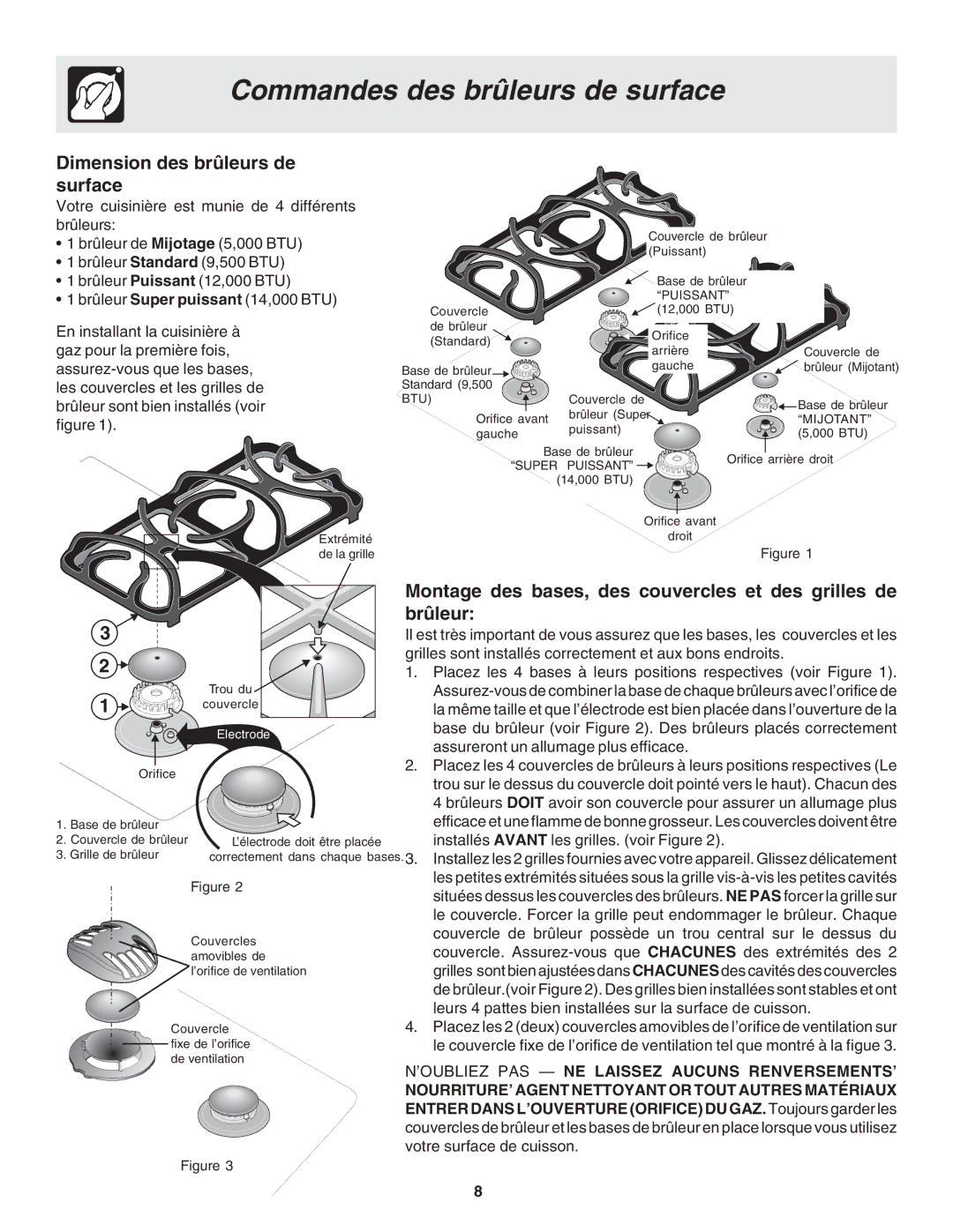 Frigidaire 318200879 manual Commandes des brûleurs de surface, Dimension des brûleurs de surface, Brûleur 