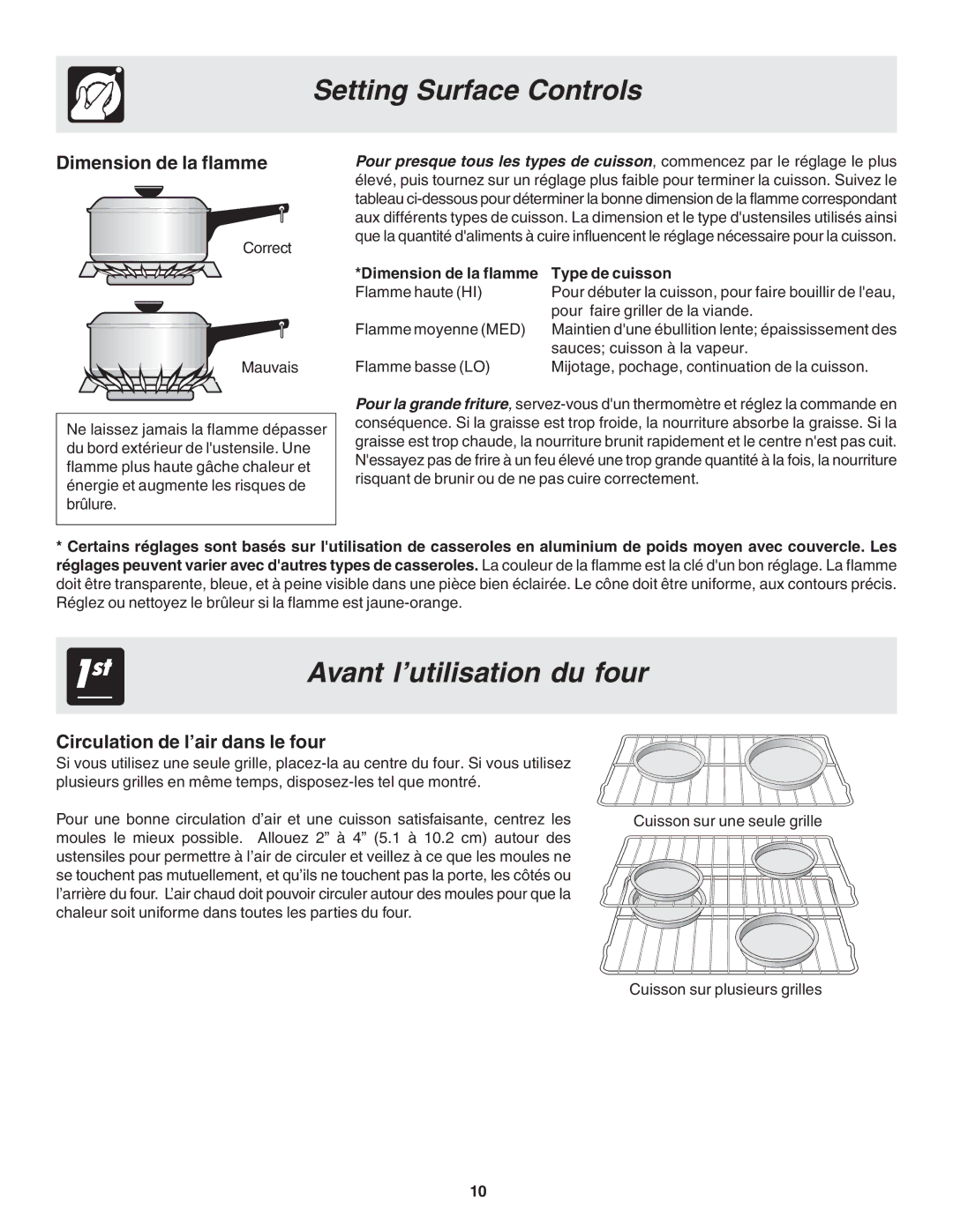 Frigidaire 318200879 manual Avant l’utilisation du four, Dimension de la flamme, Circulation de l’air dans le four 