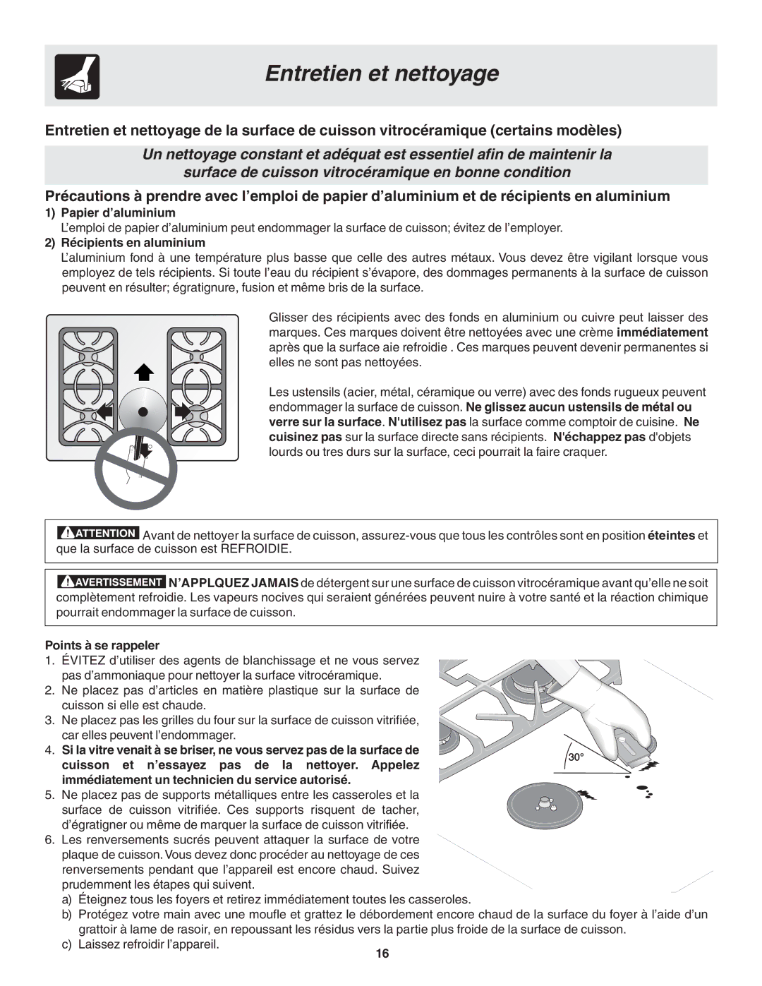 Frigidaire 318200879 manual Papier d’aluminium, Récipients en aluminium, Points à se rappeler 