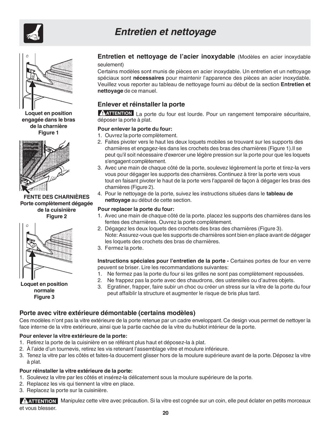 Frigidaire 318200879 manual Enlever et réinstaller la porte, Porte avec vitre extérieure démontable certains modèles 