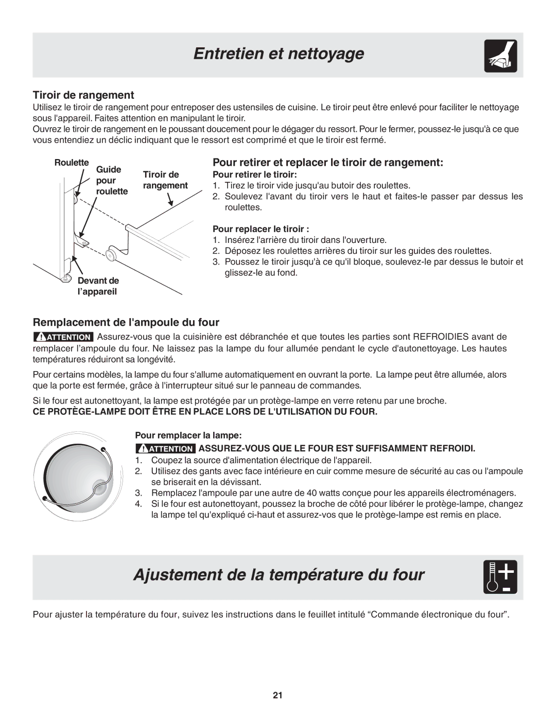 Frigidaire 318200879 manual Ajustement de la température du four, Tiroir de rangement, Remplacement de lampoule du four 