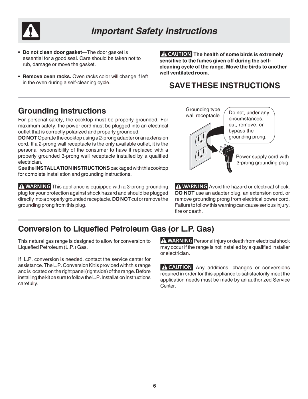 Frigidaire 318200879 manual Grounding Instructions, Conversion to Liquefied Petroleum Gas or L.P. Gas 