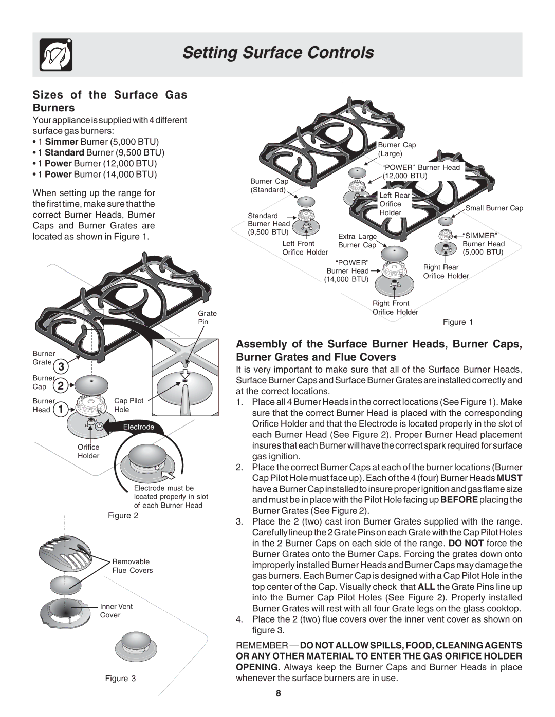 Frigidaire 318200879 manual Setting Surface Controls, Sizes of the Surface Gas Burners 