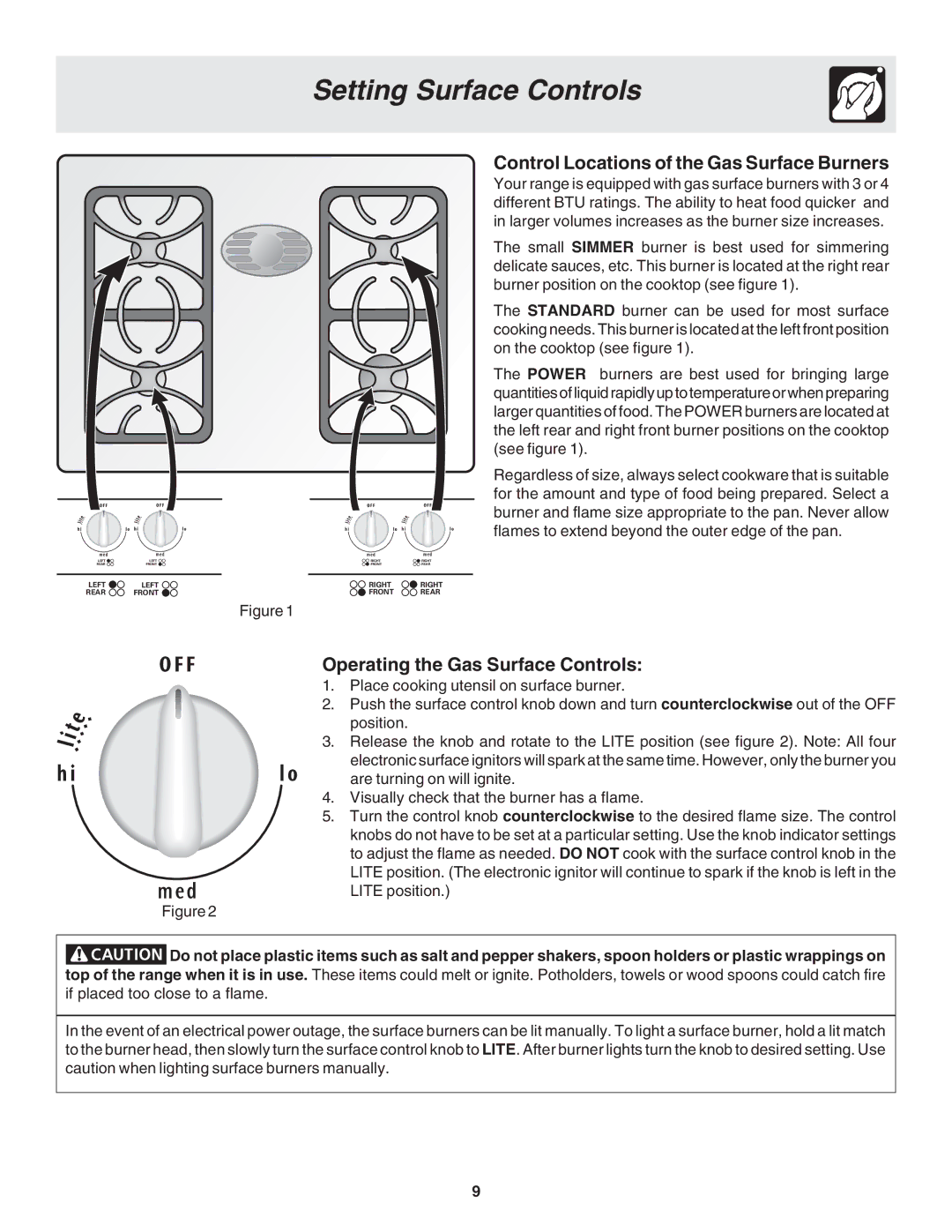 Frigidaire 318200879 manual Control Locations of the Gas Surface Burners, Operating the Gas Surface Controls 