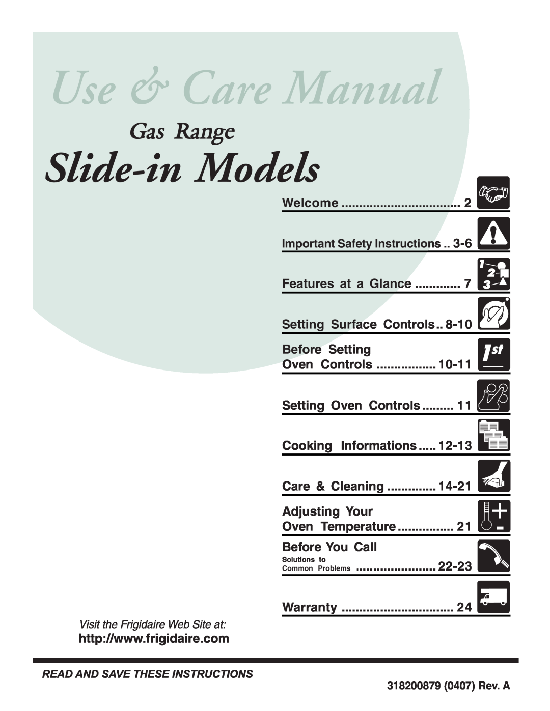 Frigidaire 318200879 manual Slide-in Models, Gas Range 