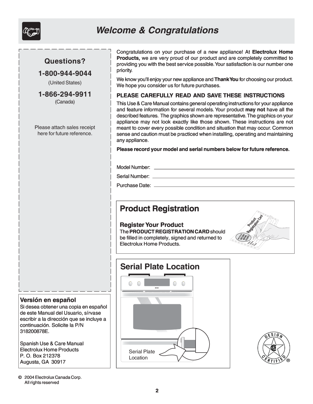 Frigidaire 318200879 manual Welcome & Congratulations, Product Registration, Serial Plate Location, Versión en español 