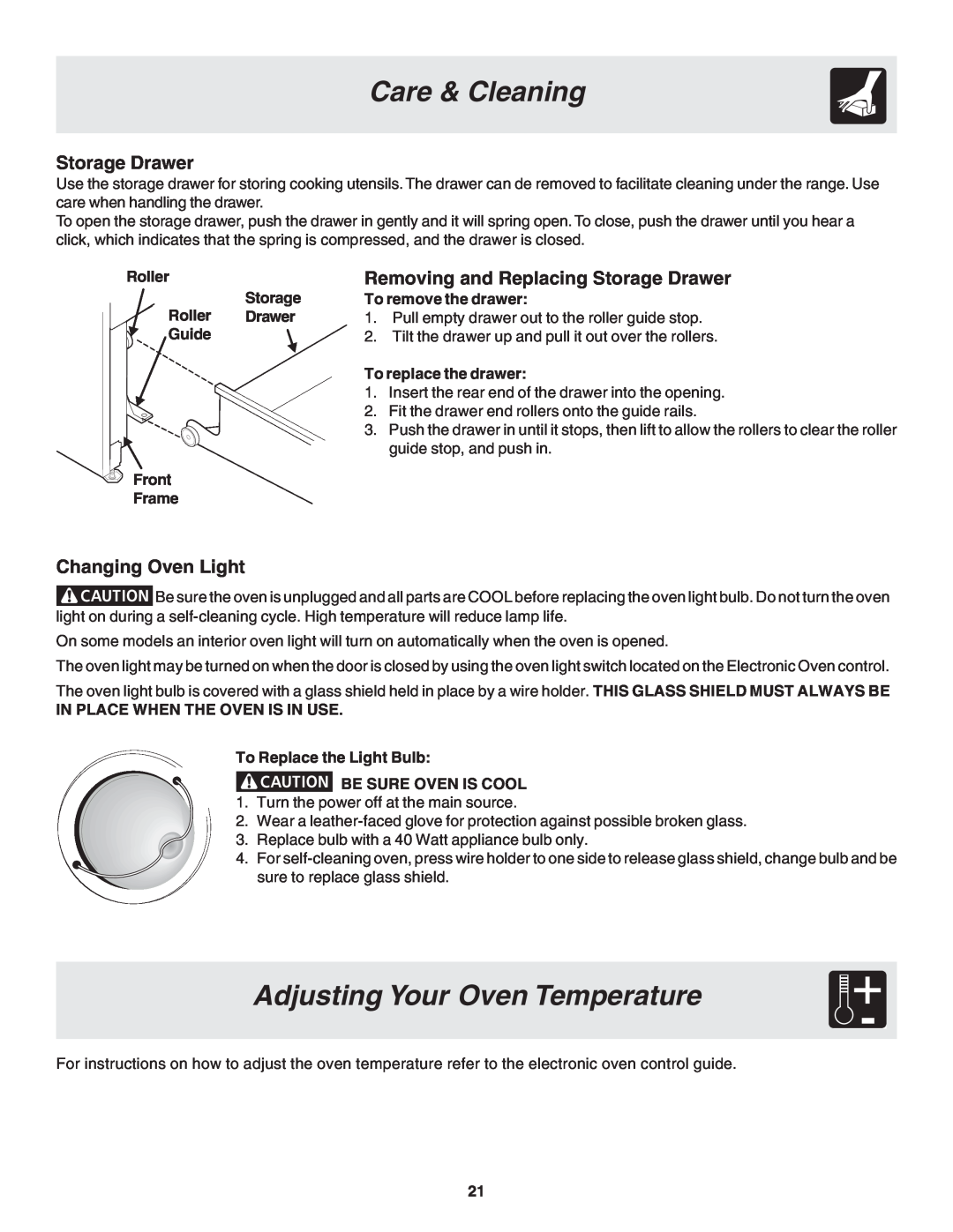 Frigidaire 318200879 manual Adjusting Your Oven Temperature, Care & Cleaning, Storage Drawer, Changing Oven Light 