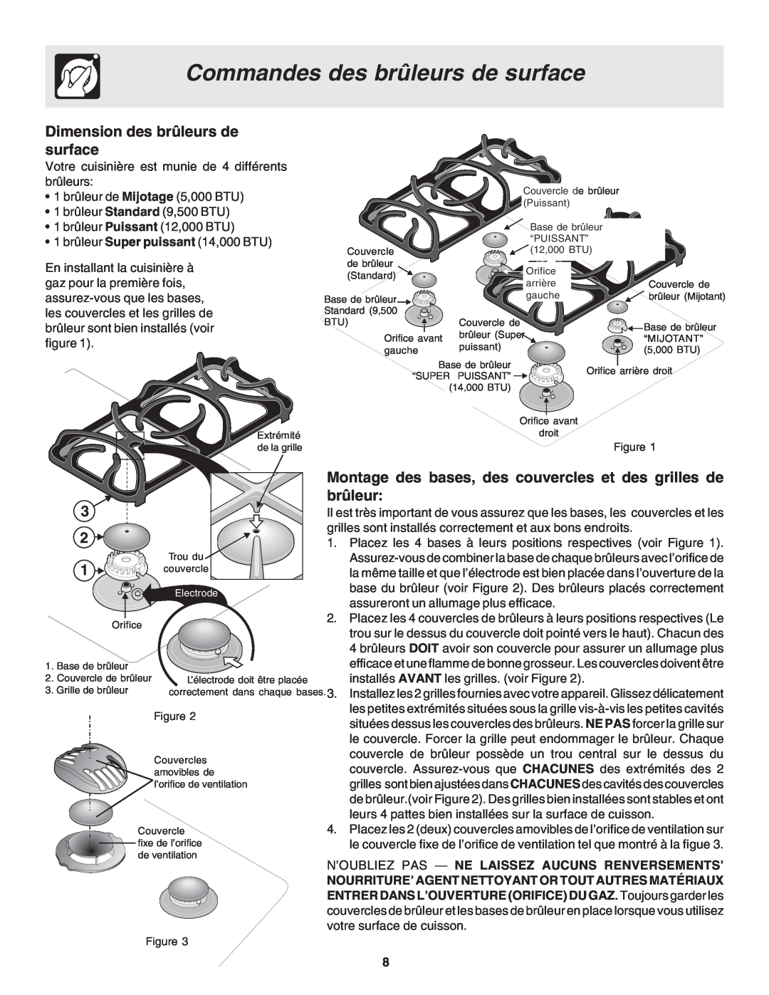 Frigidaire 318200879 manual Commandes des brûleurs de surface, Dimension des brûleurs de surface 