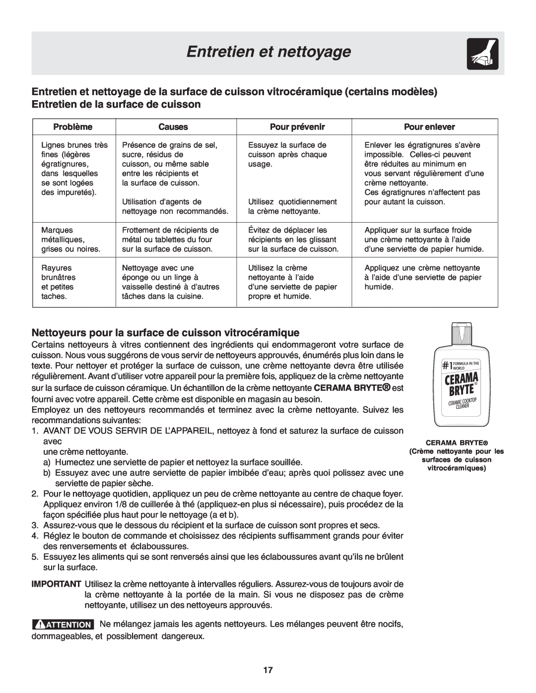 Frigidaire 318200879 manual Entretien et nettoyage, Nettoyeurs pour la surface de cuisson vitrocéramique, Problème, Causes 