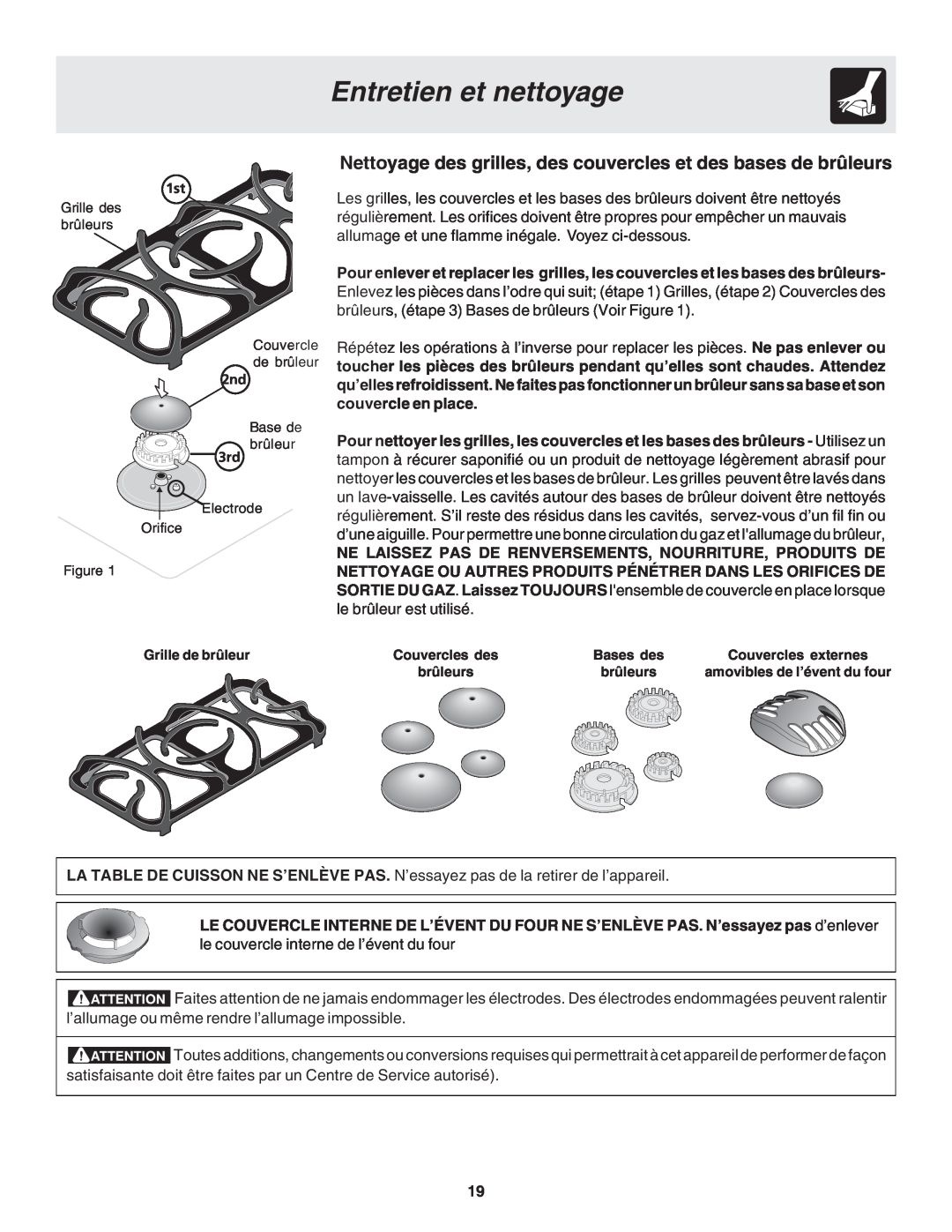 Frigidaire 318200879 manual Entretien et nettoyage, Nettoyage des grilles, des couvercles et des bases de brûleurs 