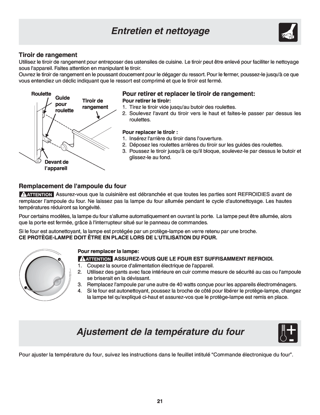 Frigidaire 318200879 Ajustement de la température du four, Entretien et nettoyage, Tiroir de rangement, Roulette, Guide 