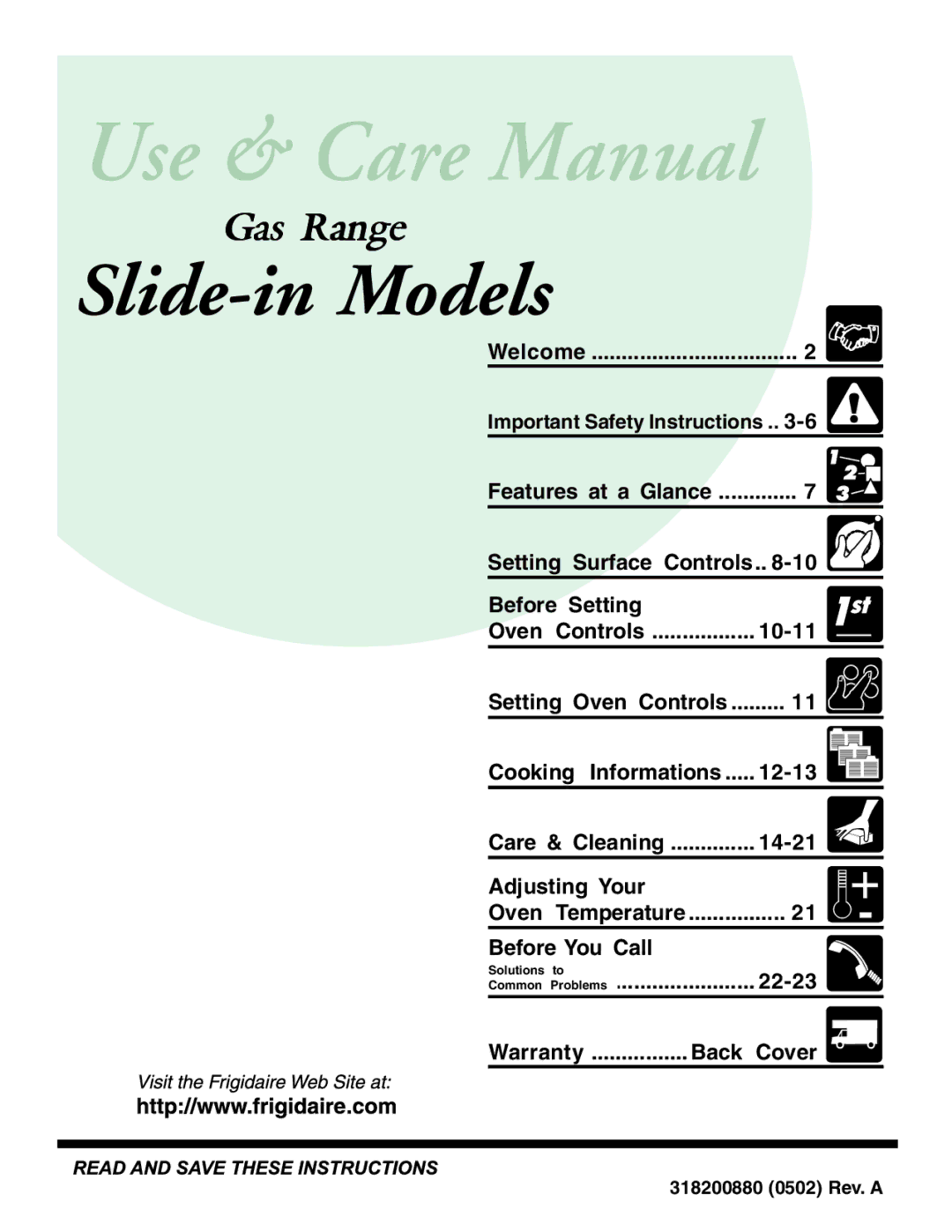 Frigidaire manual Slide-in Models, 318200880 0502 Rev. a 