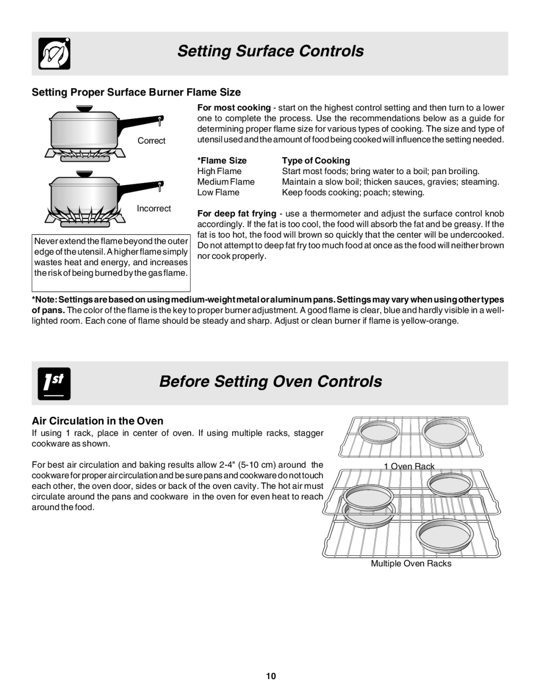 Frigidaire 318200880 Before Setting Oven Controls, Setting Proper Surface Burner Flame Size, Air Circulation in the Oven 