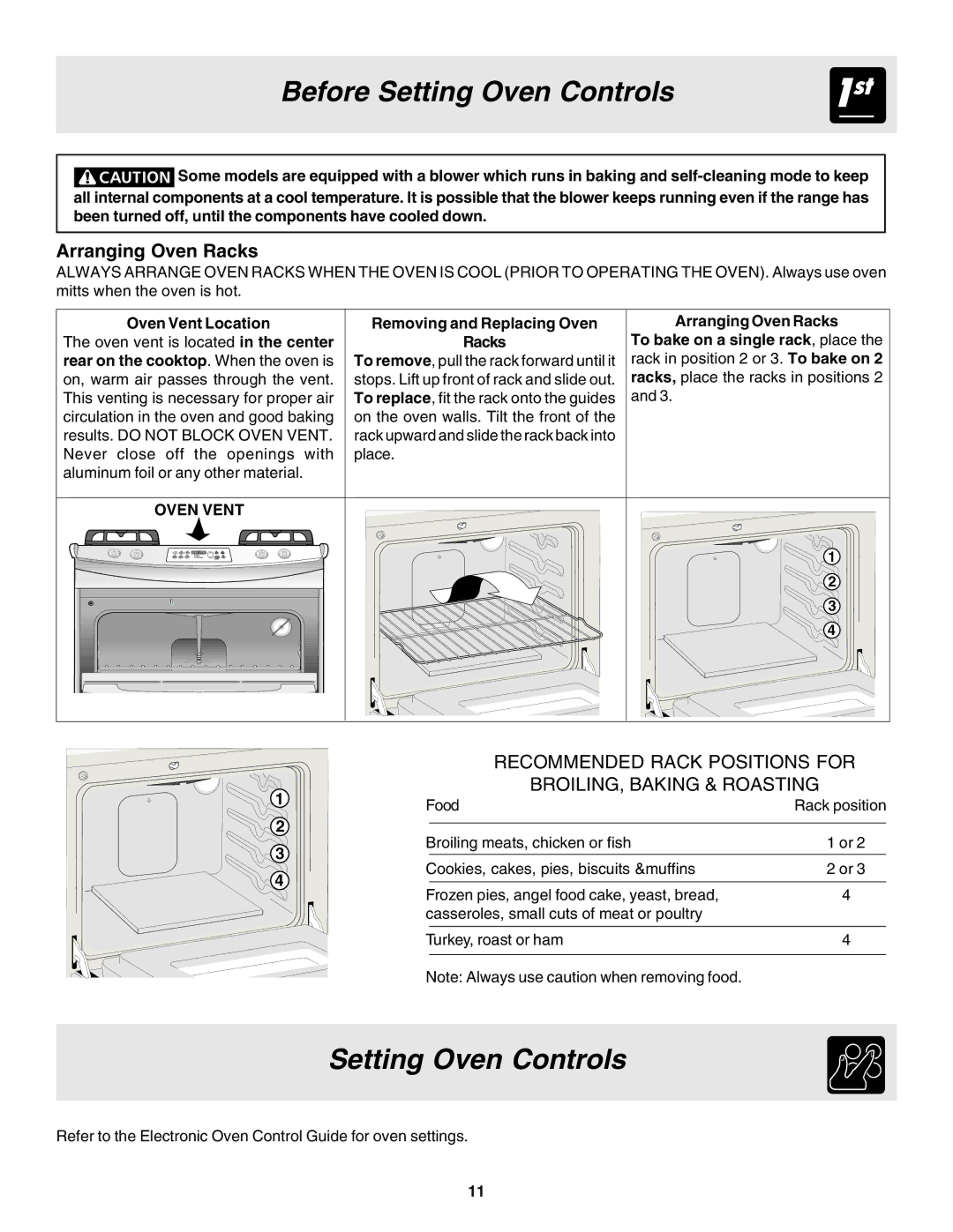 Frigidaire 318200880 manual Setting Oven Controls, Arranging Oven Racks, Oven Vent 