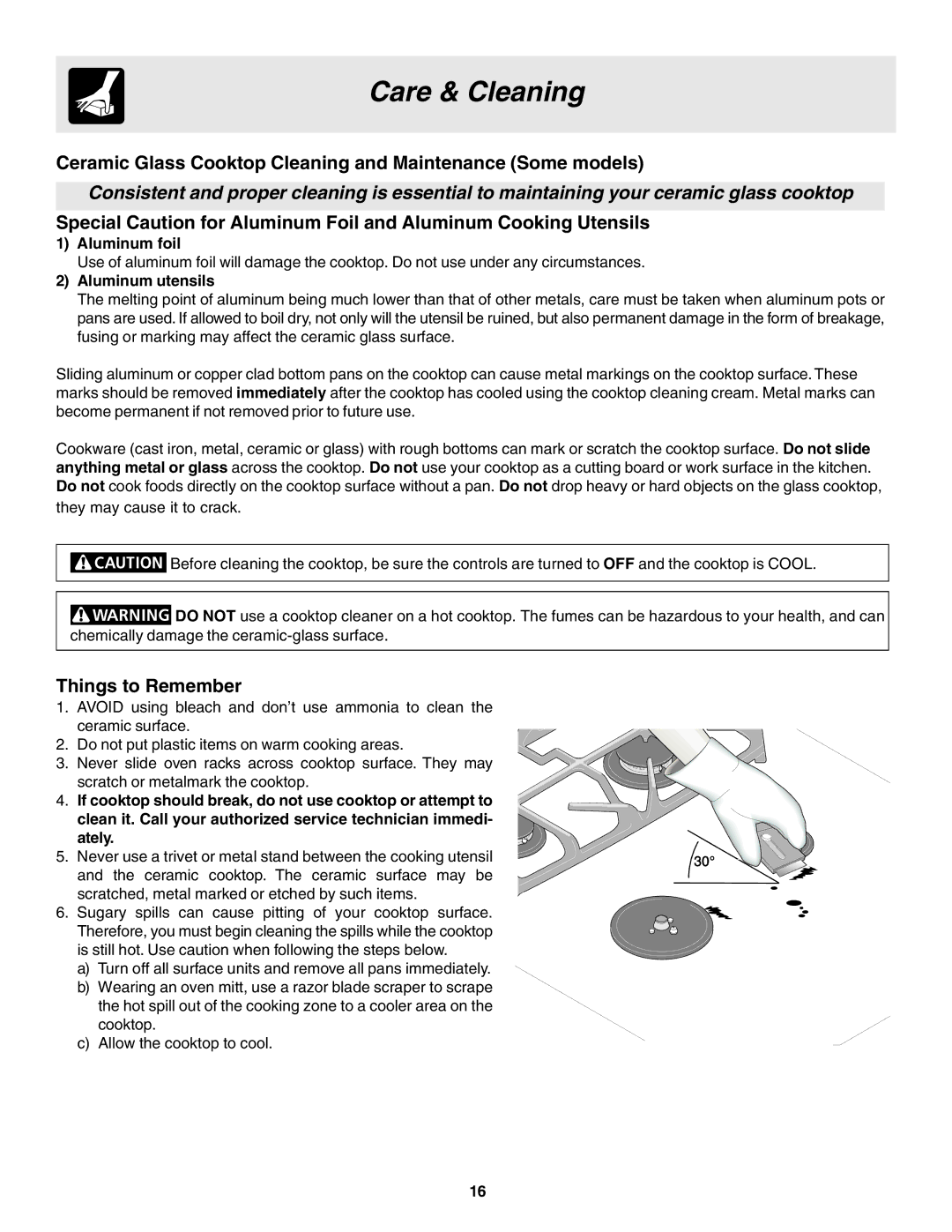 Frigidaire 318200880 manual Ceramic Glass Cooktop Cleaning and Maintenance Some models, Things to Remember, Aluminum foil 