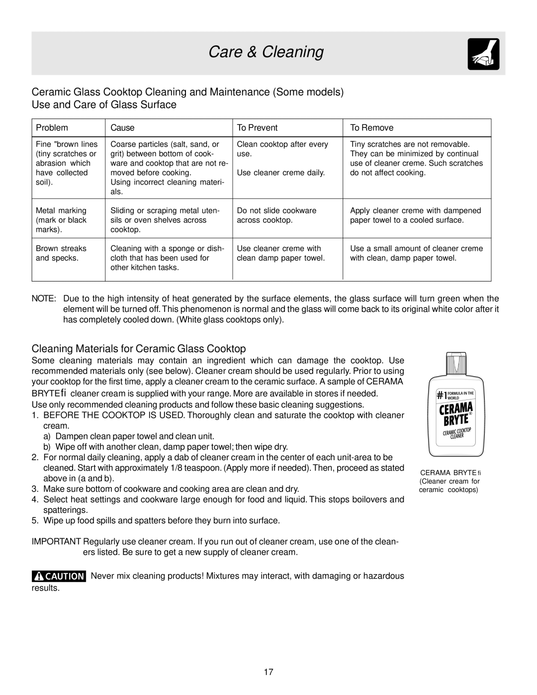 Frigidaire 318200880 manual Cleaning Materials for Ceramic Glass Cooktop, Problem Cause To Prevent To Remove 