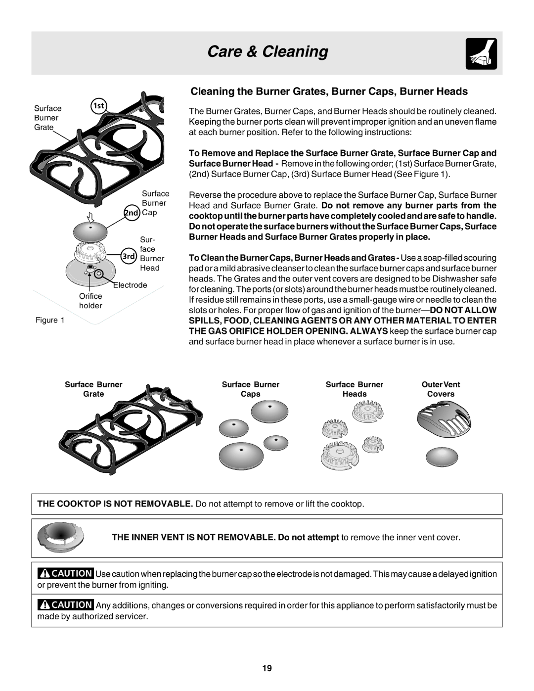 Frigidaire 318200880 manual Cleaning the Burner Grates, Burner Caps, Burner Heads 