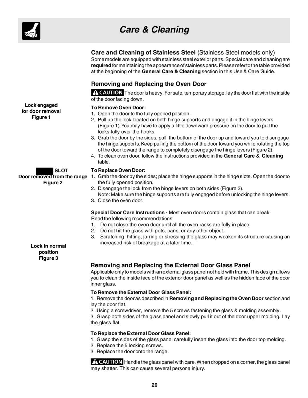 Frigidaire 318200880 manual Removing and Replacing the Oven Door, Removing and Replacing the External Door Glass Panel 