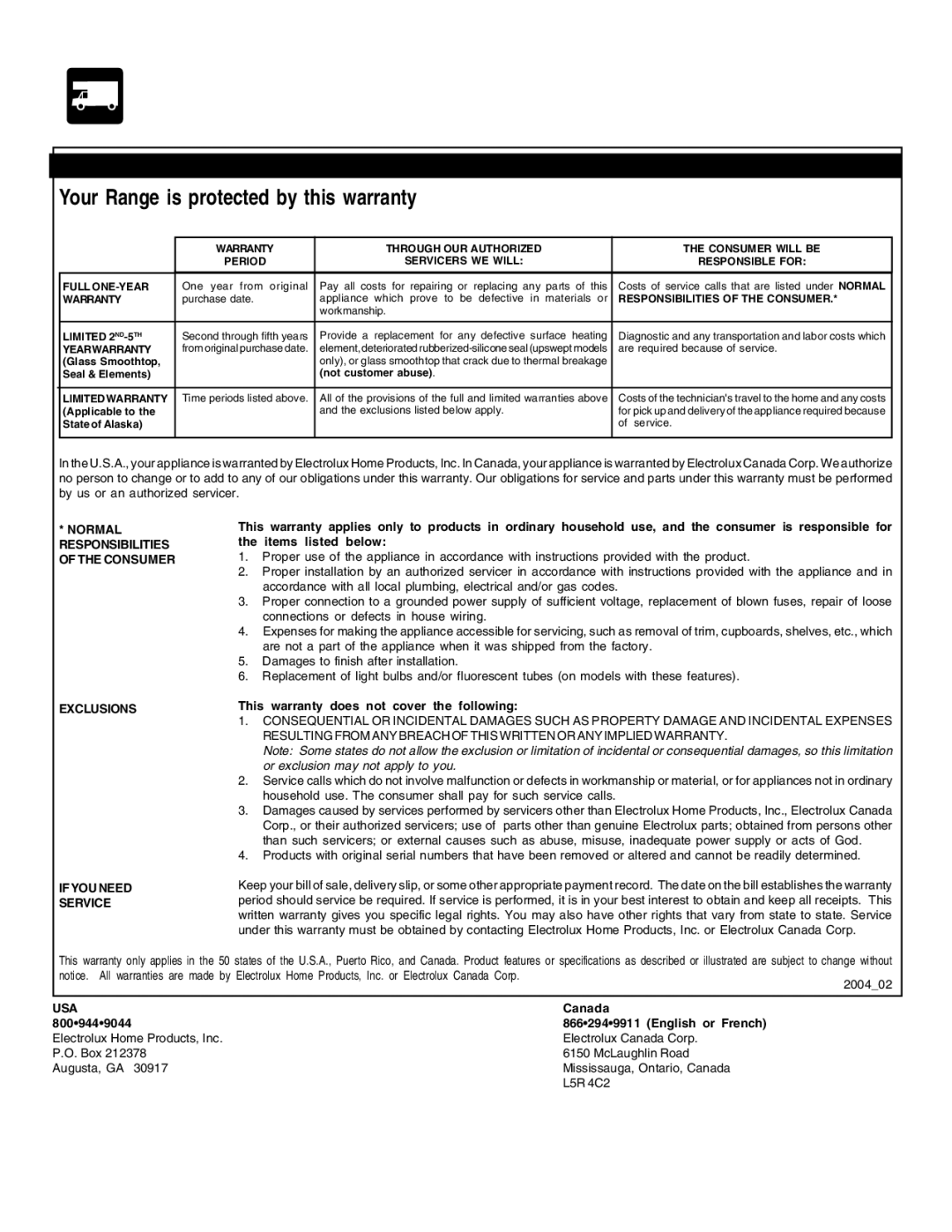 Frigidaire 318200880 manual Limitedwarranty 