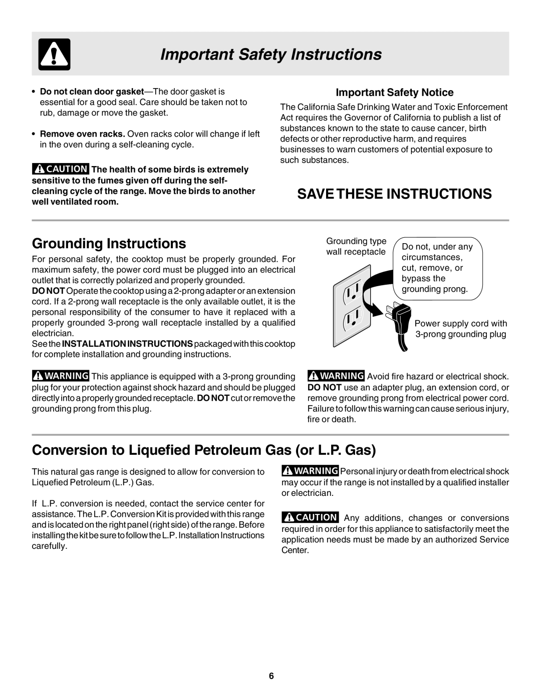 Frigidaire 318200880 Grounding Instructions, Conversion to Liquefied Petroleum Gas or L.P. Gas, Important Safety Notice 