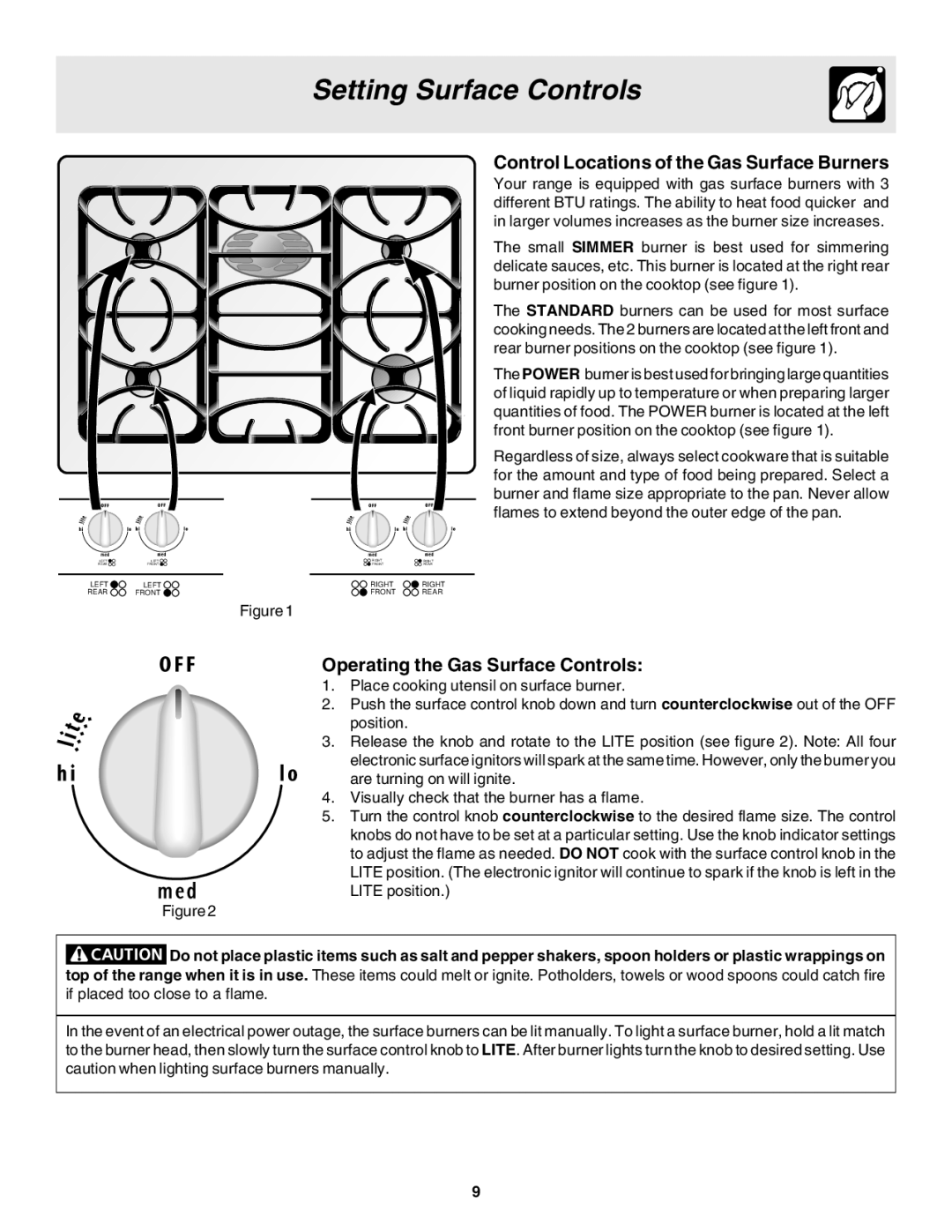 Frigidaire 318200880 manual Control Locations of the Gas Surface Burners, Operating the Gas Surface Controls 