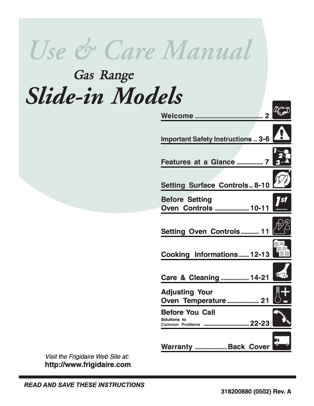 Frigidaire 318200880 manual Slide-in Models, Gas Range 