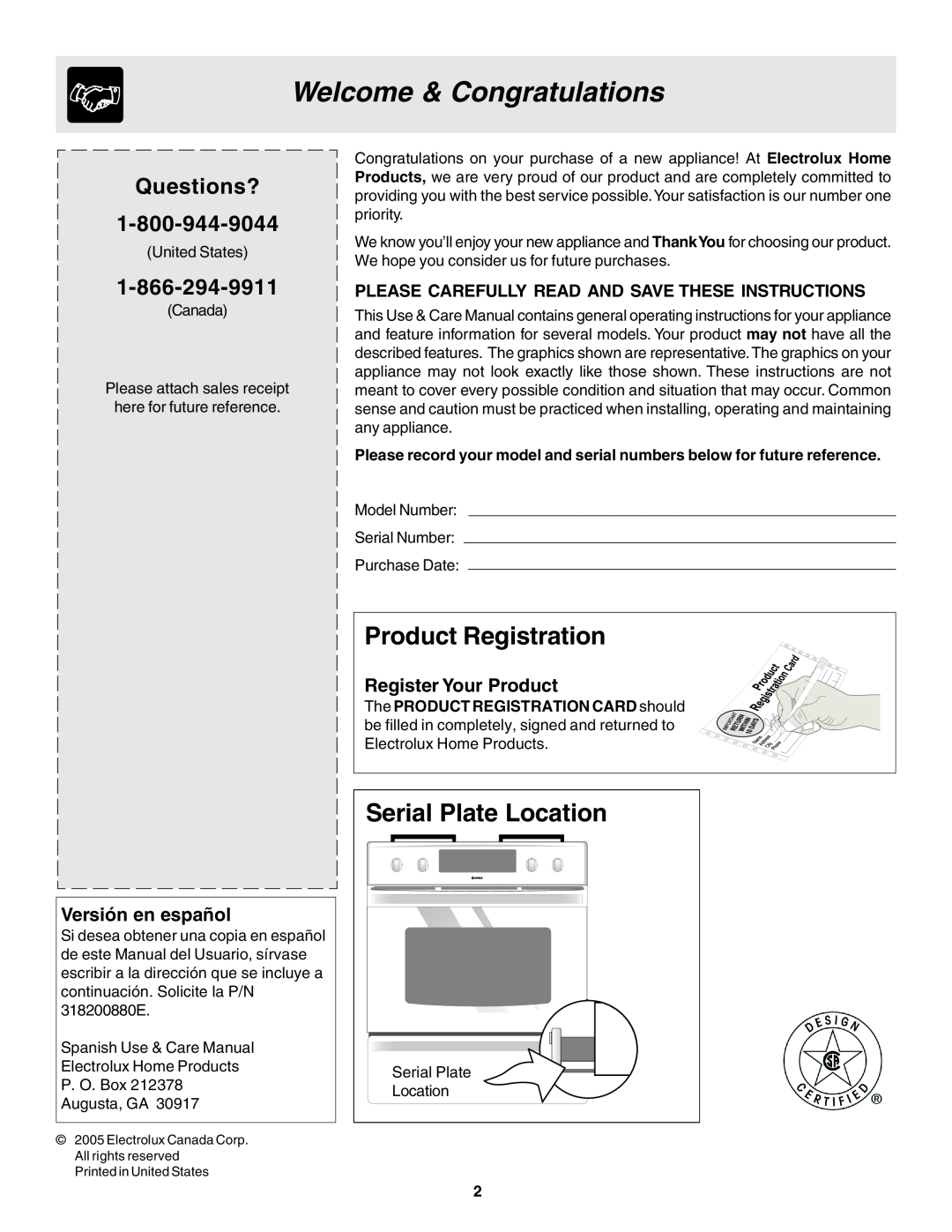 Frigidaire 318200880 manual Welcome & Congratulations, Product Registration, Serial Plate Location, Versión en español 