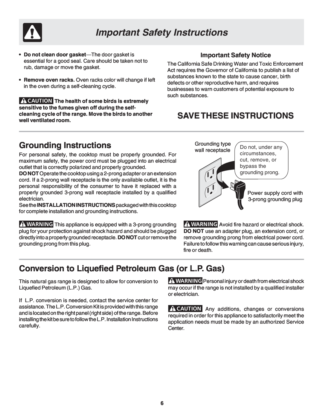 Frigidaire 318200880 Save These Instructions, Grounding Instructions, Conversion to Liquefied Petroleum Gas or L.P. Gas 