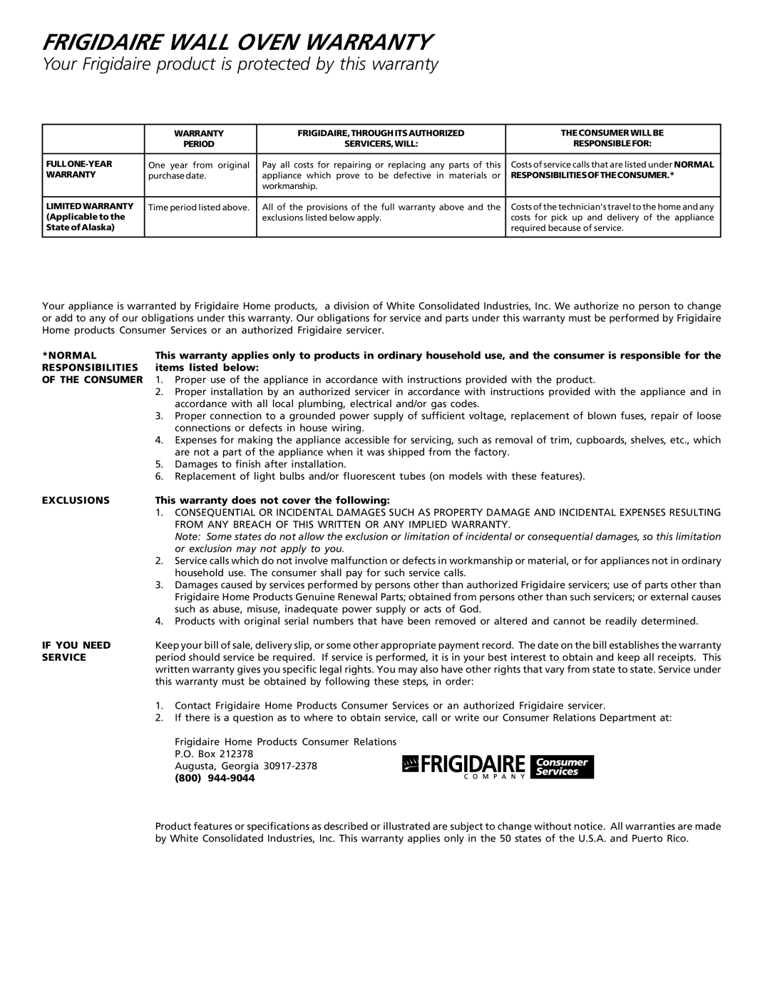 Frigidaire 318200912 important safety instructions Frigidaire Wall Oven Warranty 