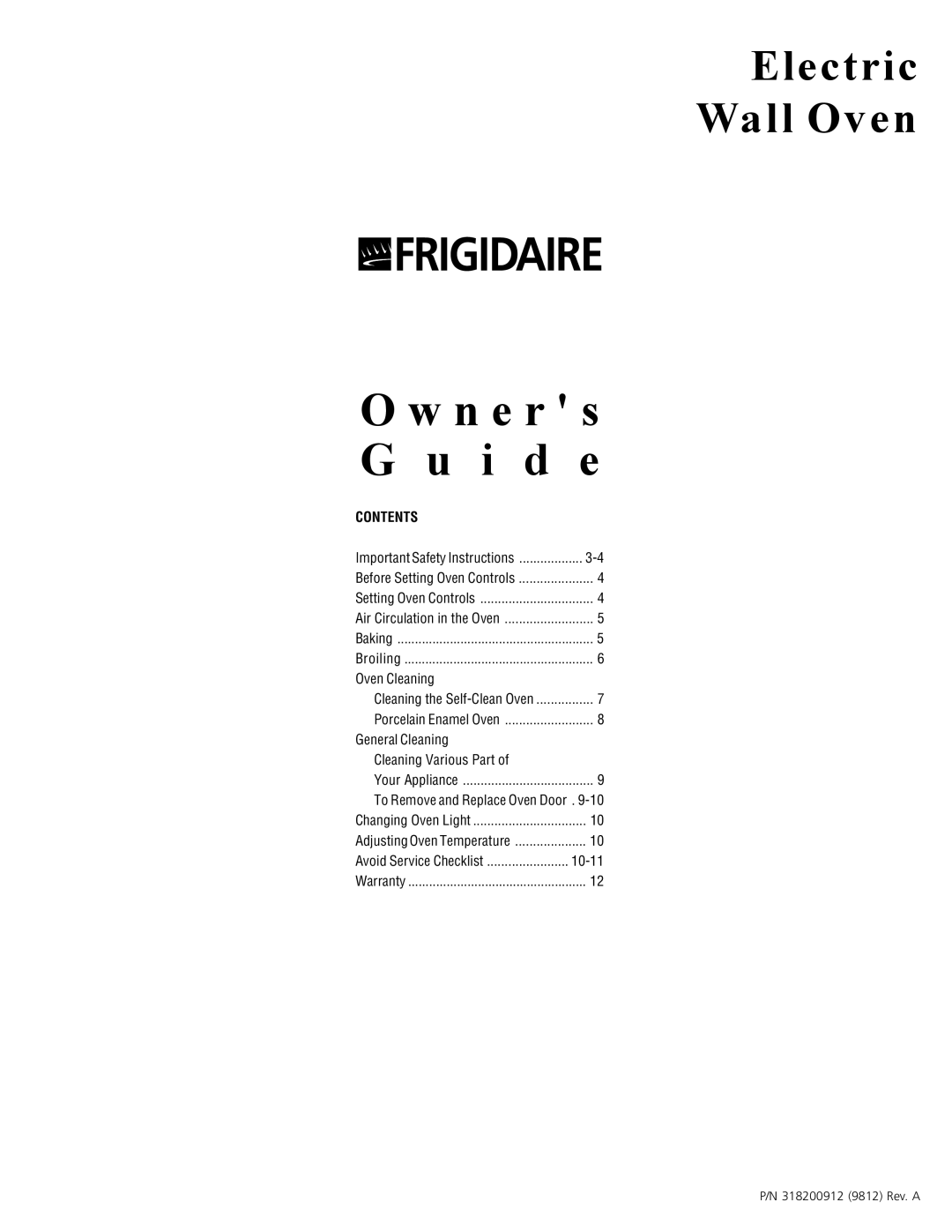 Frigidaire 318200912 important safety instructions O w n e r s G u i d e, Electric Wall Oven, Contents 