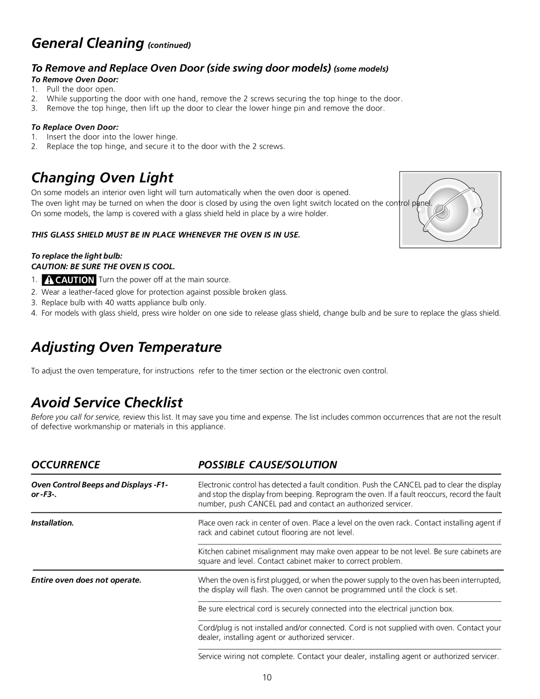 Frigidaire 318200912 General Cleaning continued, Changing Oven Light, Adjusting Oven Temperature, Avoid Service Checklist 