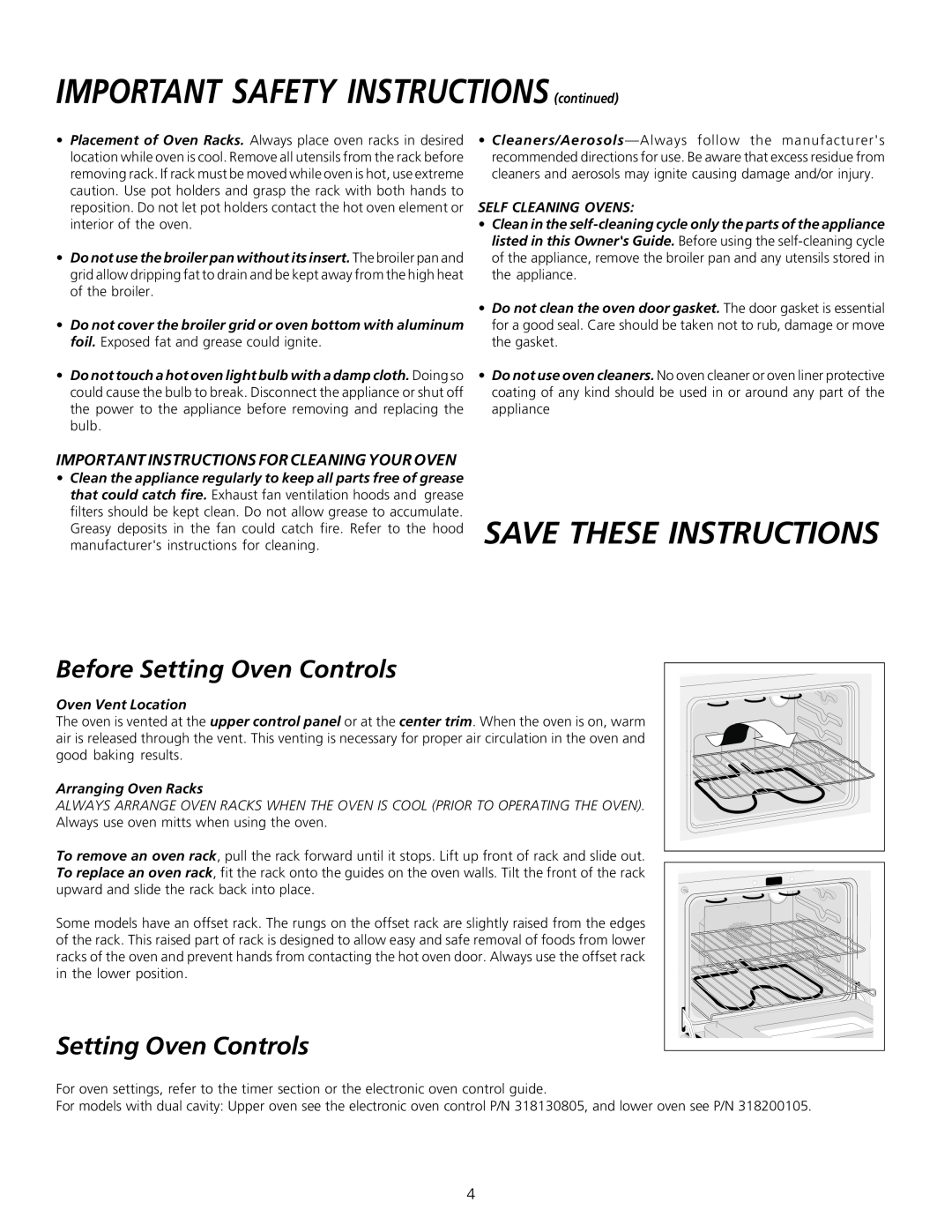 Frigidaire 318200912 Save These Instructions, Before Setting Oven Controls, IMPORTANT SAFETY INSTRUCTIONS continued 