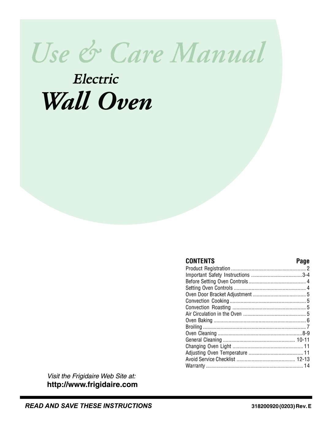 Frigidaire 318200920 important safety instructions Wall Oven 