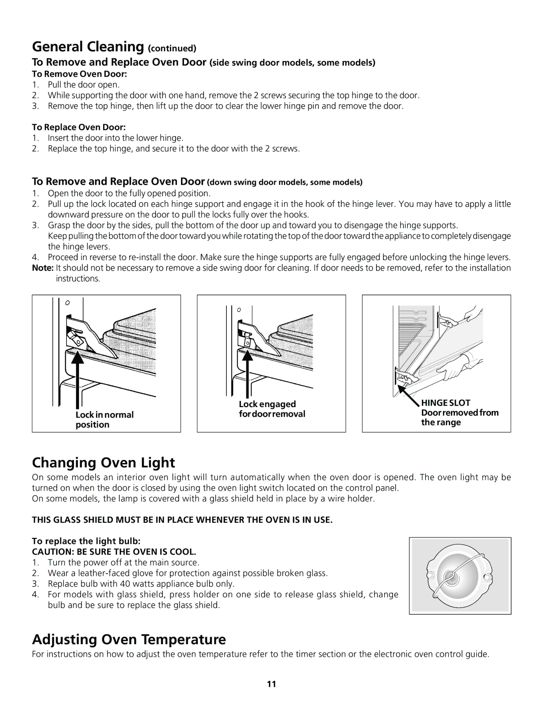 Frigidaire 318200920 Changing Oven Light, Adjusting Oven Temperature, To Replace Oven Door, To replace the light bulb 