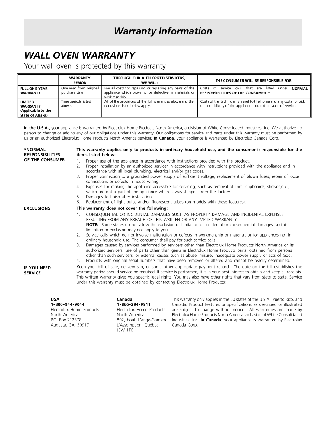 Frigidaire 318200920 important safety instructions Wall Oven Warranty 